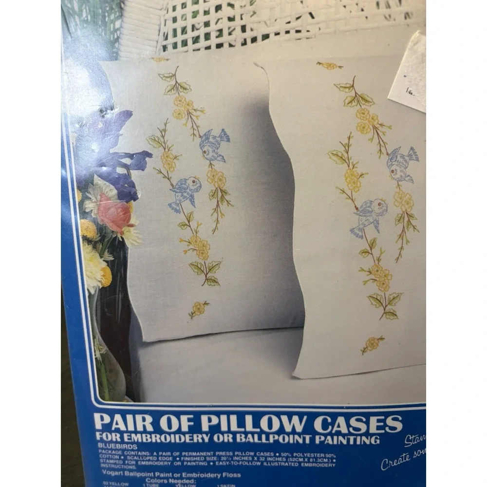 Vogart Crafts Bluebirds Pair of Pillow Cases Embroidery/Painting #8701G NIP